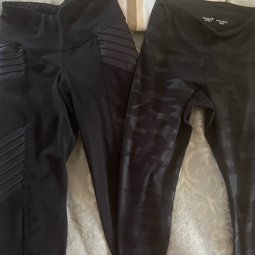 Old Navy Black Active Leggings Duo with Textured Panel & Subtle Camo